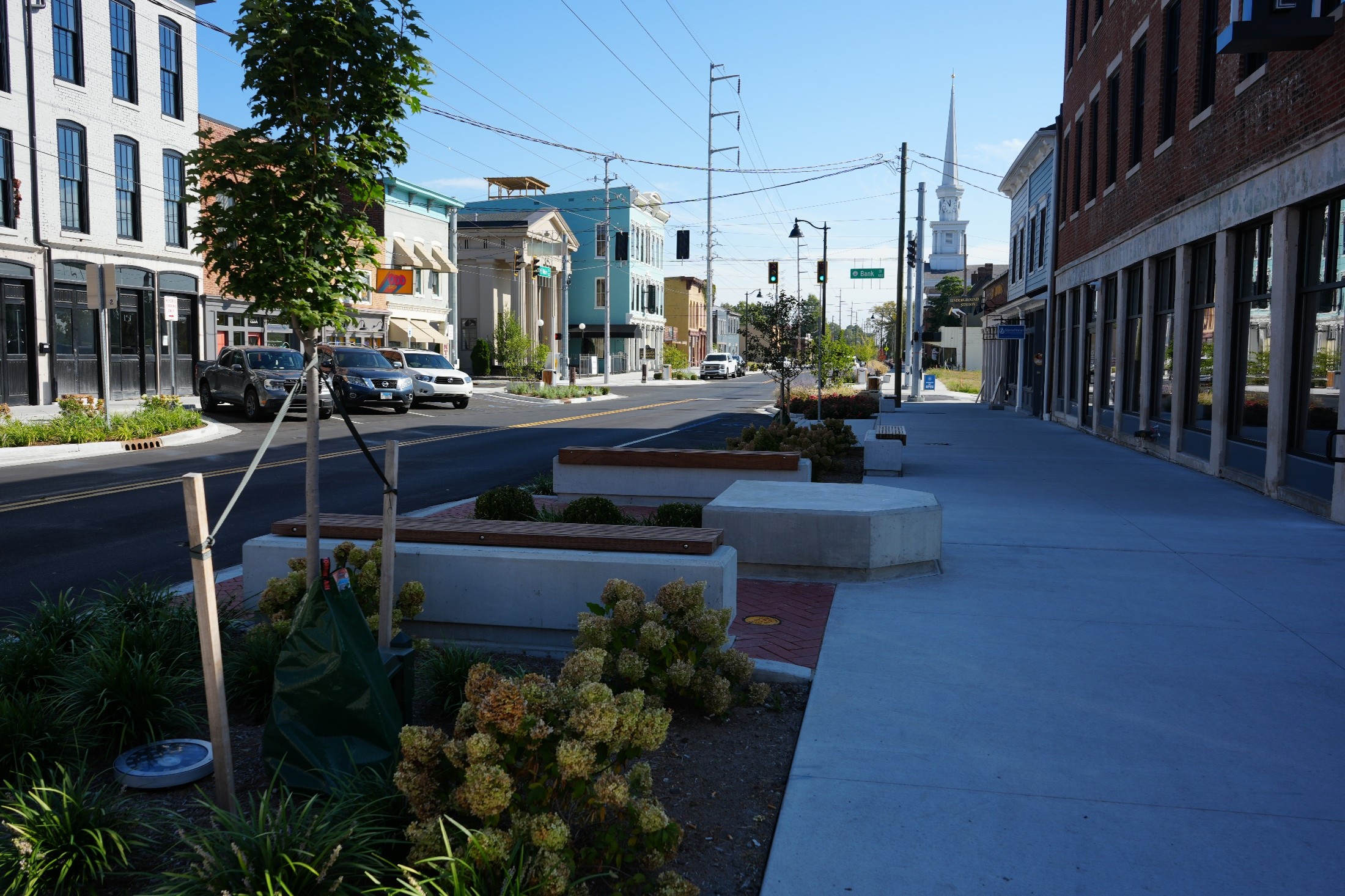 A sunny urban street with colorful storefronts, parked cars, and a pedestrian walkway lined with planters and trees.